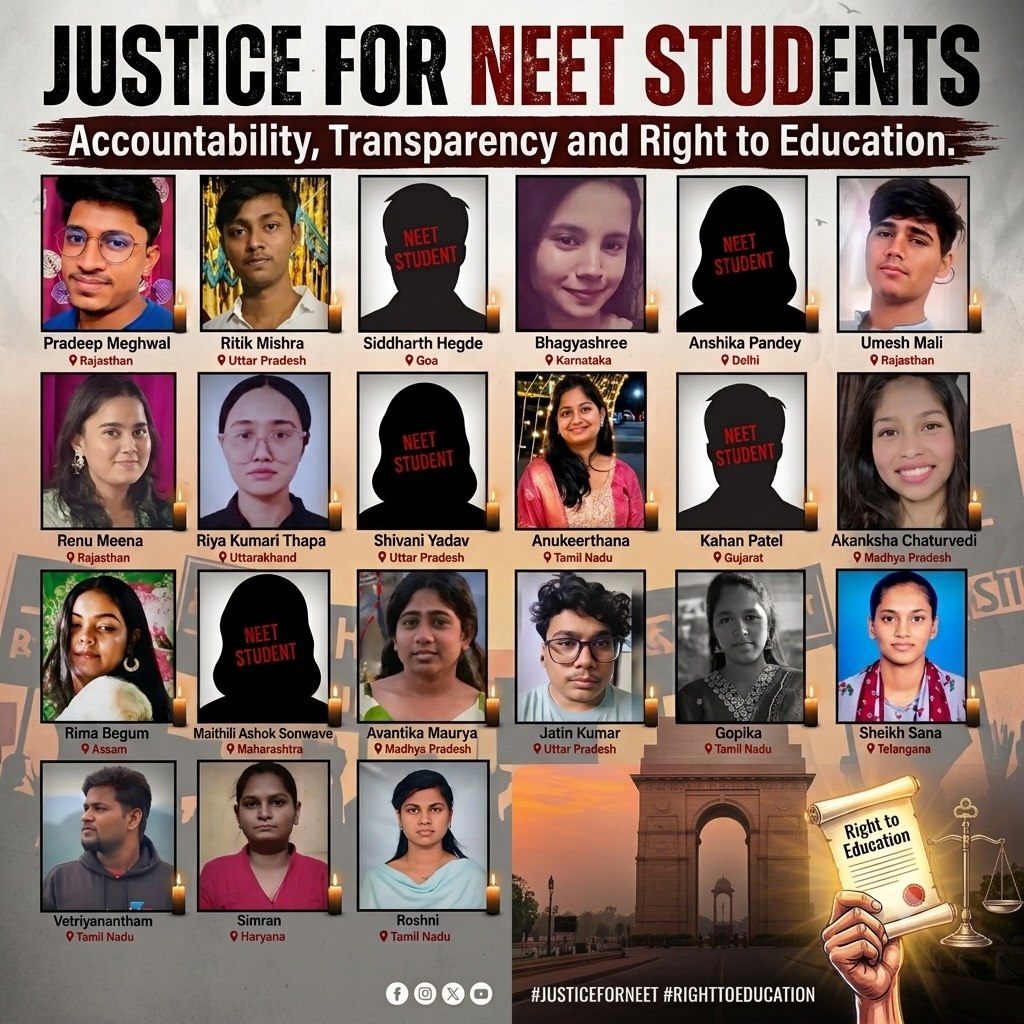 Memorial graphic titled Justice for NEET Students, naming 20 individuals from across India who died by suicide after the exam's cancellation, with their names and home states